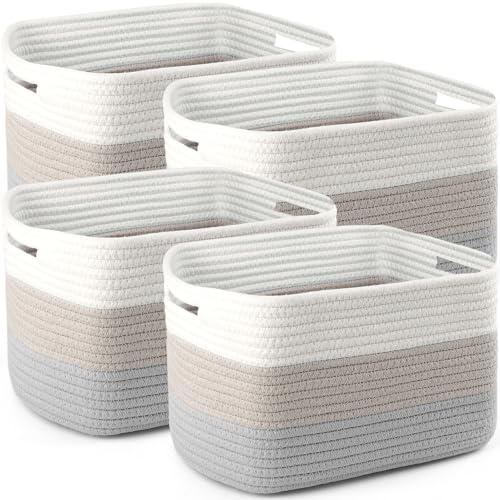 4 Pack Storage Baskets for Organizing, 12''Lx9''Wx8''H Woven Baskets for Storage Toys, Towels, Books, and Clothes, Cotton Rope Basket for Shelves with Handle (White & Grey) - color: White & Grey