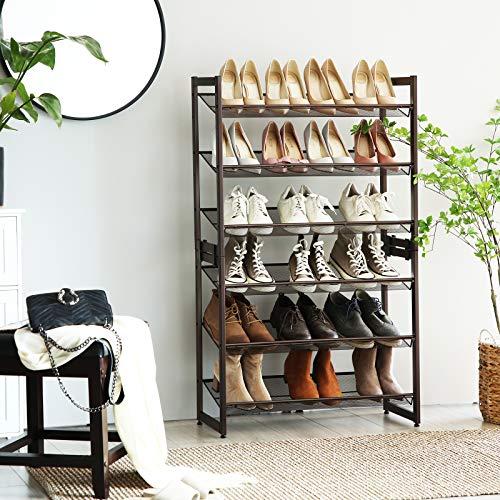 SONGMICS Shoe Rack, 6-Tier Shoe Organizer, Metal Rack for Garage, Set of 2, 3-Tier Stackable Shelf, with Adjustable Flat or Angled Shelves, 18-24 Pairs, Bronze ULMR03A-2 - color: Bronze, size: 6 Tiers (29.1"W)
