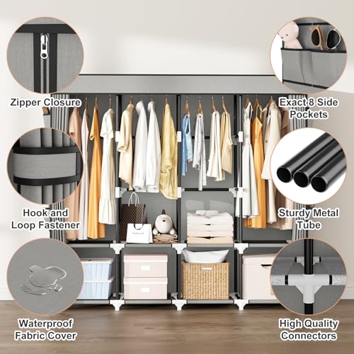 Portable Closet for Hanging Clothes, 67 Inch Wide Portable Wardrobe Closet with Cover, 4 Hanging Rod, Storage Shelves and Side Pockets, Large Free Standing Closet for Bedroom, Grey - color: Grey, size: 4 Row - 67'' Wide