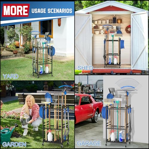 DAOUTIME Garden Organizer With Wheels, Yard Tower Rack for Garage Storage, Up to 35 Long-Handled Tools, Sturdy Metal Steel Holder With 3 Hooks, Outdoor, Black - size: 3 Tier