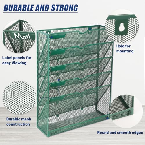 EASEPRES 6 Tier Desk File Organizer, Mesh Hanging Wall Mount Document Organization Stand, Desktop Vertical Mail Paper Folder Holder Rack with Bottom Tray for Office Cubicle, Sides Closed, Dark Green - color: Dark Green, size: 6 Tier Upgrade