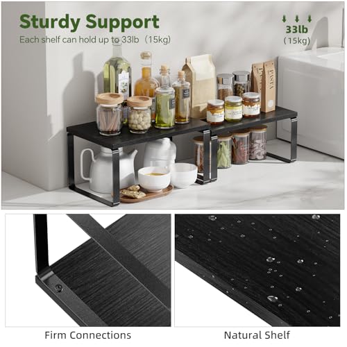 Simple Trending Cabinet Organizer Shelf, Set of 2 Stackable Kitchen Counter Shelves, Expandable Spice Rack Kitchen Storage Riser, Metal Engineered Wood, Black