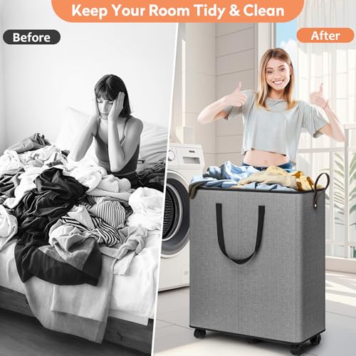 SpaceTrove Laundry Basket with Wheels, Collapsible Laundry Baskets, Laundry Hamper with Handles Detachable Wheels, Rolling Laundry Basket, Dirty Clothes Hamper for Bathroom, Dorm, Bedroom, Grey, 155L - color: Grey, size: 155L