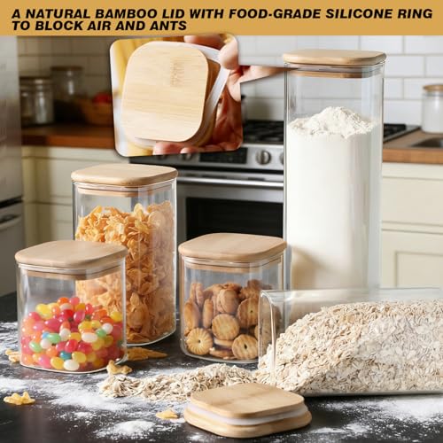 7 Pack Square Glass Storage Containers with Lids, Multi-Size Canisters Sets for the Kitchen & Pantry food storage jar – Ideal for Storing Pasta, Cereal, Flour, Sugar, Nuts, Coffee Beans & More
