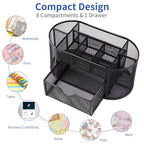 EOOUT Desk Organizer, Pencil Holder for Desk, Mesh Office Desk Accessories with 8 Compartments and 1 Drawer Stationery Holder School Supplies - color: Black