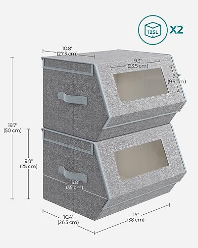 SONGMICS Stackable Storage Bins Set of 2, Storage Boxes with Lids and Front Windows, Non-Woven Fabric Closet Organizers with Magnetic Closures, Side Handles, Dove Gray URLB002W01 - color: Dove Gray