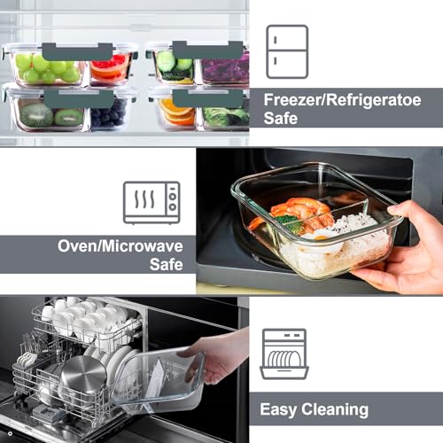 VERONES 5 Pack Glass Meal Prep Containers 2 Compartment Set, 36OZ Airtight Glass Lunch Containers, Glass Food Storage Containers with Lids, for Microwave, Oven, Freezer & Dishwasher Friendly,Grey - color: Grey