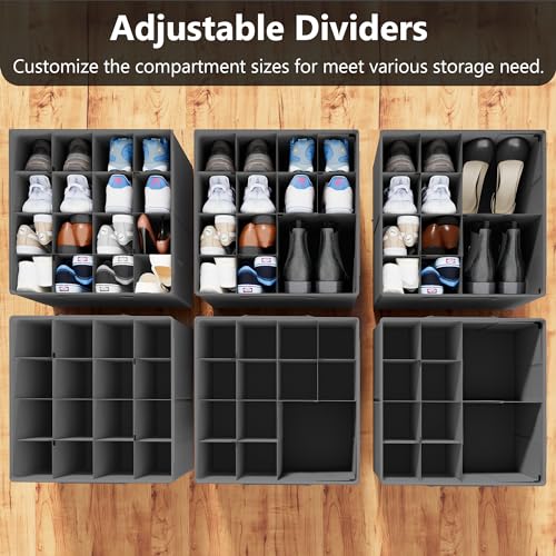 SUOCO 2 Pack Shoe Organizer for Closet, Fits up to 32 Pairs, Small Space Shoe Storage Boxes Bins Containers w/Adjustable Dividers and Clear Top, Grey - color: Grey