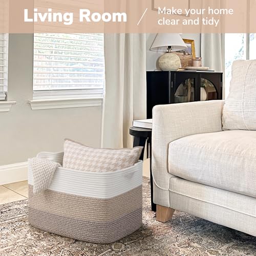Goodpick Large Storage Basket, 18"x14"x12" Cotton Rope Organizer for Blankets, Toy Baskets Storage Kids, Rectangle Woven Basket for Living Room, Bedroom, Gradient Brown - color: Gradient Brown, size: 18"L x 14"W x 12"H