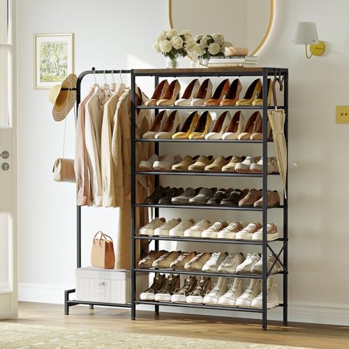 Shoe Rack with Coat Rack, 8 Tier Tall Shoe Storage Organizer with Hooks, 3-in-1, Wooden Top Shelf, Sturdy Frame, Metal Clothes Hanger Stand for Entryway, Closet, Rustic Brown and Black - color: Rustic Brown and Black