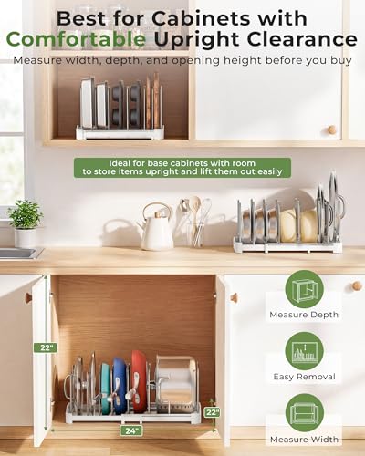 EVERIE Adjustable Bakeware Organizer Pot Lid Holder Rack for Pots, Cake Molds, Cutting Boards, Mats, Cookware, GS02SS, 7.7'' Deep by 12.6'' to 21.5'' Wide