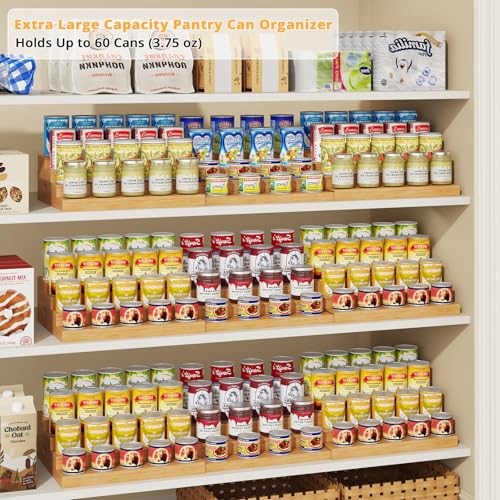 4-Tier Extra-Long Expandable Can Rack, Adjustable Bamboo Organizer for Pantry, Can Storage Holder for Pantry Shelf & Countertop, Large Capacity Holds 60 Cans (3.75oz), Patent Pending - size: Extended