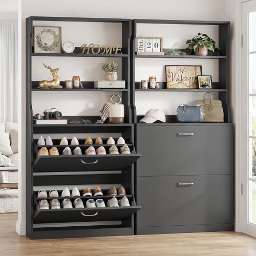 IRONCK Tall Shoe Cabinet with 2 Flip Drawers, Narrow Hidden Shoe Storage Cabinet with Shelves, Slim Freestanding Shoe Organizer for Entryway, Hallway, Black - color: Black