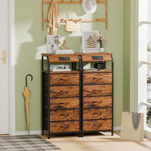 Furnulem 5 Drawers Dresser with Charging Station, Tall Night Stand with Storage Shelf, Fabric Chest of Drawers, Bedside Table for Closet, Entryway, Bedroom Furniture, 3 Ways to Use, Rustic Brown - color: Rustic Brown, size: 5 Drawer