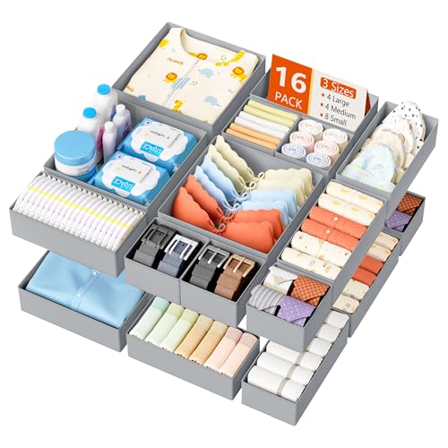 DIMJ Drawer Organizer Clothes - 16 Pack Baby Dresser Organizer for Nursery, Foldable Drawer Organizer Bins for Closet Bedroom Organization, Fabric Clothes Storage Dividers for Underwears, Socks, Bras - color: Gray, size: 16 Pack