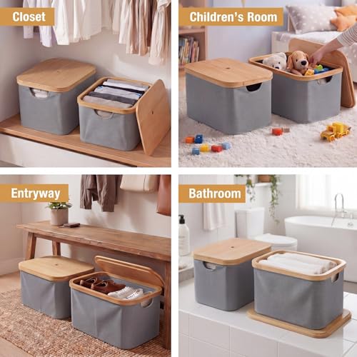 Novabright 2 Pcs Collapsible Storage Basket with Bamboo Lids 15" x 10" Foldable Fabric Storage Bins with Handles for Organizing Shelves Closet Laundry Room Bathroom Clothes Towel(Gray) - color: Gray