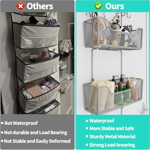 HapiRm Over The Door Organizer - Hanging Door Organizer with 4 Metal Large Capacity Baskets and Adjustable Coat Hook for Bathroom Bedroom Kitchen Pantry Closet Cabinet - color: Grey