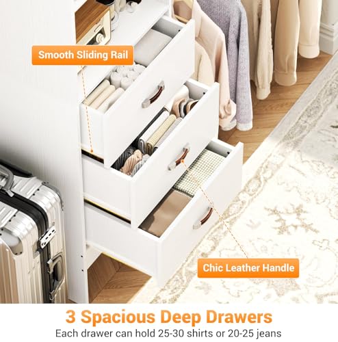 Homieasy 96 Inches Closet Organizer System, 8FT Customizable Walk In Closet Organizer with Hanging Rods, 3 Drawers Garment Rack with Leather Handle , 96" L x 16" W x 75" H, Max Load 1000 LBS, White - color: White
