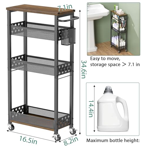 XYZLVSI Slim Storage Cart 4 Tier Laundry Cart with Wheels, Narrow Metal Kitchen Rolling Carts Bathroom Organizers Storage Shelf with Wood Rack and Handle for Small Space - color: Black