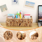 BTSKY Handwoven Remote Control Holder for Table, Natural Water Hyacinth Remote Control Caddy Small Wicker Storage Basket, 3-Compartment Office Supplies Desk Organizer Rustic Makeup Brushes Holder - size: 3-Slot