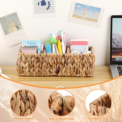 BTSKY Handwoven Remote Control Holder for Table, Natural Water Hyacinth Remote Control Caddy Small Wicker Storage Basket, 3-Compartment Office Supplies Desk Organizer Rustic Makeup Brushes Holder - size: 3-Slot