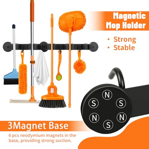 Magnetic Broom Holder Wall Mount with 4 Hooks and 5 Rack- Heavy Duty Non-Slip Mop Hanger for Wet Mops&Cleaning Tools on Refrigerator,Metal Door,Garage,Kitchen,Laundry Room