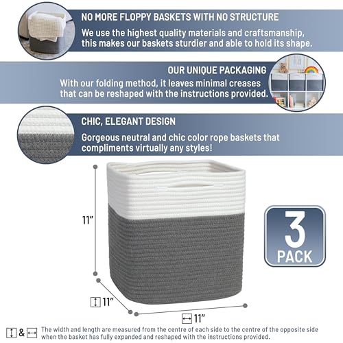 NaturalCozy Storage Cubes 11 Inch Cotton Rope Woven Baskets for Organizing, 3-Pack | Cube Storage Bin | Square Storage Baskets for Shelves Organizer, Classroom, Kids Toy Bins, Closet, Baby Nursery - color: Off White & Charcoal Gray