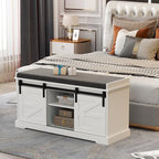 Loomie Shoe Storage Bench, 2-Tier Farmhouse Entryway Bench with Sliding Barn Door Storage Cabinets & Full Soft Removable Seat Cushion, Silm Shoe Rack with Shoe Cabinet for Entryway, Hallway, Bedroom