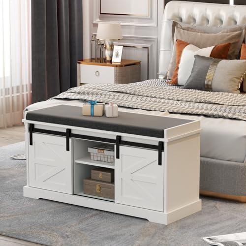 Loomie Shoe Storage Bench, 2-Tier Farmhouse Entryway Bench with Sliding Barn Door Storage Cabinets & Full Soft Removable Seat Cushion, Silm Shoe Rack with Shoe Cabinet for Entryway, Hallway, Bedroom