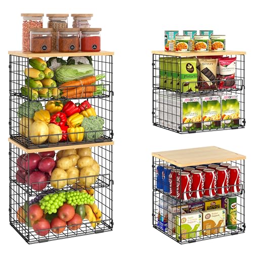 4 Pack Stackable Wire Baskets for Pantry Organizers and Storage, Pantry Baskets with Fixed Wooden Top, Fruit and Vegetable Storage Bins for Organizing Onion Potato Snack for Kitchen Cabinet/Countertop - color: Natural, size: 4-Tier