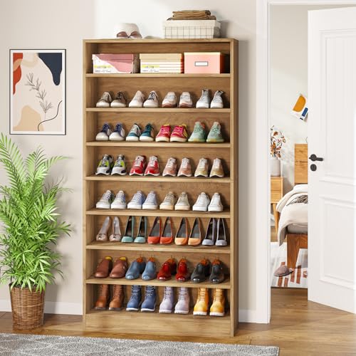 Tribesigns Tall Shoe Cabinet, 9 Tiers 40-45 Pairs Heavy Duty Wood Freestanding Shoe Storage Cabinet, 70.8'' Tall Shoe Cabinet with Open Storage for Entryway (1, Light Brown) - color: Light Brown
