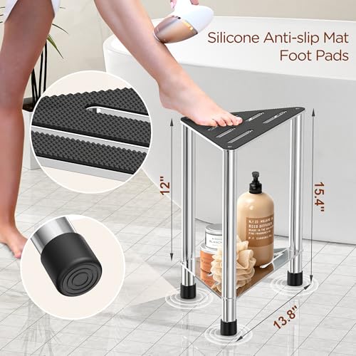 Upgrade Stainless Steel Shower Stool for Inside Shower, 15.4'' H Shower Foot Rest, Corner Shower Stool with Storage Shelf, Shower Step for Shaving Legs, Bathroom Corner Shower Bench, Silver - color: Upgrade Silver