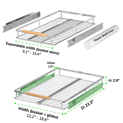 Expandable Pull Out Drawer Cabinet Organizers, Heavy Duty Slide Out Storage Shelf for Home Kitchen Pantry Cupboard Pots Pans, Adjustable Width from 12.1"~18.4", Stainless Steel 1 Pack - color: 1 Pack, size: Small (12.1"~18.4") W x 22.3" D