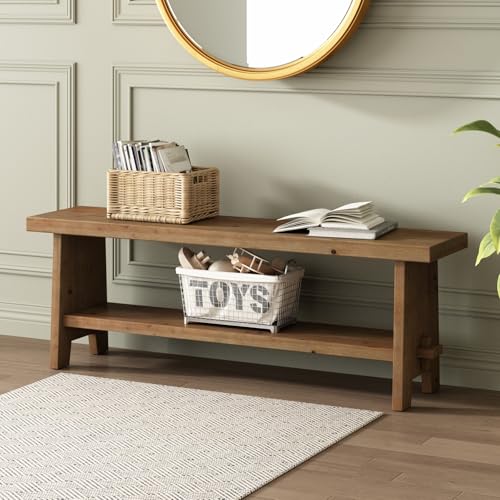 HOKYHOKY Solid Wood Entryway Bench - 51.2" Farmhouse Long Storage Bench, Rustic Narrow Bench Seat for Indoor, Entryway, Dining Room, Living Room and Hallway, Brown - size: 51.2"
