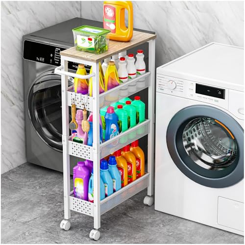 Vivihomety Utility Slim Storage Cart, 4 Tier Small Rolling Kitchen Laundry Room Cart with Wood Top, Metal Bathroom Storage Cabinet Mobile Shelf Unit Organizer Trolley with Handle for Narrow Space - color: White, size: 7.1 inch wide