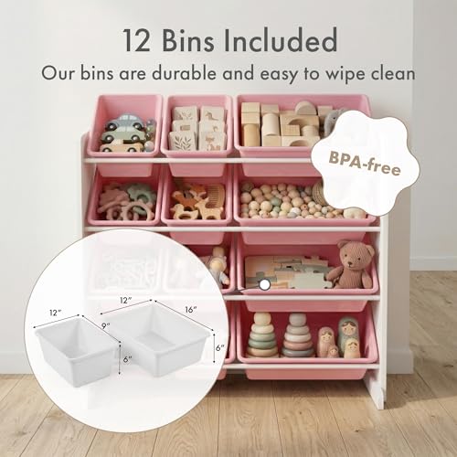 Humble Crew Toy Storage Organizer with 12 Removable Storage Bins for Kids Playroom, 4-Tier Toddler Toy Organization, White/Pink - color: White/Pink