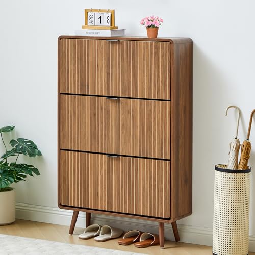 FurSch Fluted 47 Inch Tall Shoe Cabinet with 3 Flip Drawers, Narrow Hidden Shoe Storage Organizer Rack for Entryway Hallway (All Walnut) - color: All Walnut