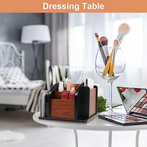 Coideal Remote Control Holder Caddy - Wooden Rotating Coffee Table Organizer Large Spinning Wood Remote Holder for Living Room Office (6 Compartments, Brown & Black) - size: 6 compartments