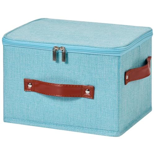 Storage Bin Box with Zippered Lid Cotton Linen Fabric Decorative Basket with PU Leather Handles PP Plastic Board Foldable Lidded Clothing Shelf Closet Organizer Container (Blue, Small) - color: Blue, size: Small ( Pack of 1 )