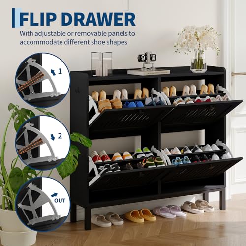 4-Door Flip Front Shoe Cabinet with Adjustable Shelves – Hidden Entryway Storage Organizer for Hallway, Foyer, Living Room – Freestanding Wooden Shoe Rack with Large Capacity & Modern Design, Black - color: Black, size: 9.45"D x 41.34"W x 37.9"H