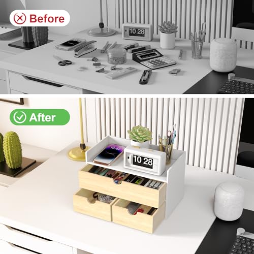 Desk Organizer with Drawers - Bamboo Desktop Organizer Storage | White-Natural Wood Desk Drawers Organizer for Bills, Office Supplies, Cosmetics, Seals No Assembly Required - color: 1 White-Natural, size: 13”L x 6.6”W x7.87”H