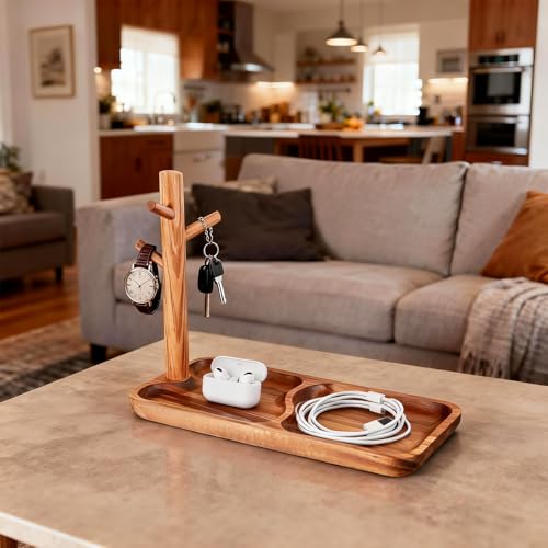 Acacia Wood Key Tray for Entryway Table, Wooden Catchall Organizer with Jewelry Storage Rack, Valet Tray for Keys Wallet Watches Sunglasses Rings(Rectangle) - style: Rectangle
