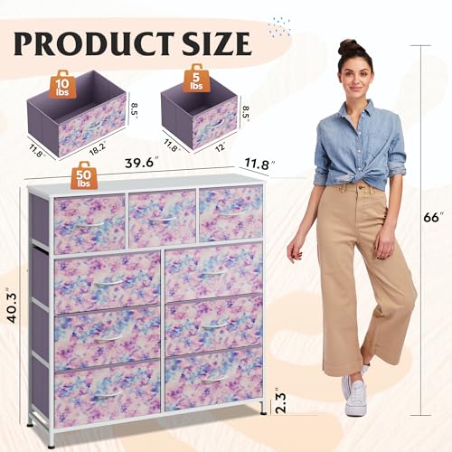 WLIVE 9 Drawer Dresser, Fabric Storage Tower for Bedroom, Hallway, Closet, Tall Chest Organizer Unit for Bedroom with Fabric Bins, Steel Frame, Wood Top, Tie-dye Print (Pink, Purple, Blue) - color: Tie-dye Purple Print