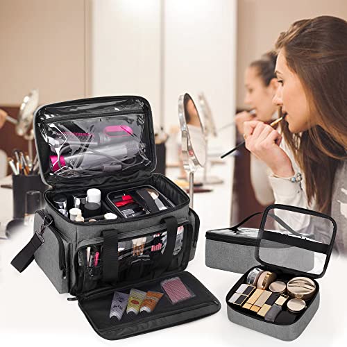 BAFASO Large Makeup Bag with 2 Removable Pouches and Detachable Dividers, Multifunctional Toiletry Bag Cosmetic Bag to Keep Makeup and Hair Supplies (Patent Pending), Gray - color: Gray