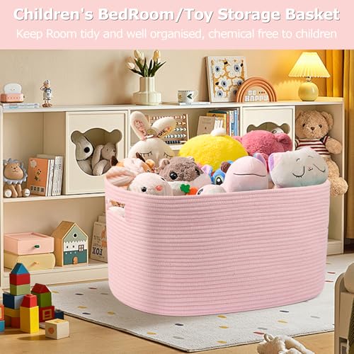 75L Large Woven Storage Basket, Pink Cotton Rope Laundry Hamper with Handles, 22”x17”x12” Rectangle Blanket Basket for Toys, Clothes, Pillows, Nursery and Living Room,Shelf Basket - color: Soft Pink