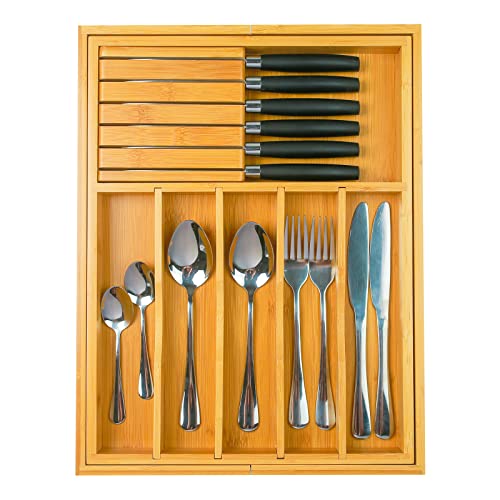Wencrfat Silverware Drawer Organizer with Removable Knife Block and Dividers, Expandable Bamboo Kitchen Drawer Organizer, Flatware Utensil Cutlery Organizer for Drawer 8 Compartments