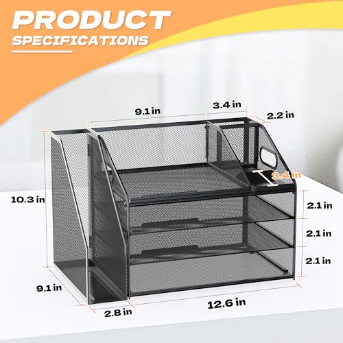DocNest 4 Tier Paper Letter Tray File Organizer, Mesh Desk File with Handle, Workspace Desk Organizers with Pen Holder, Office Organization Storage Accessories - Black - color: Black, size: 15.4" x 9.1" x 10.3"
