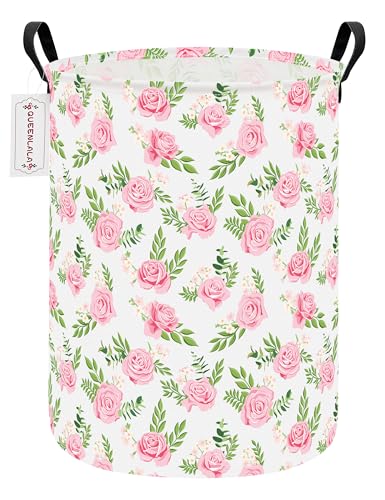 QUEENLALA Large Storage Basket,Laundry Hamper/Bathroom/Home Decor/Collapsible Round Storage Bin,Boys and Girls Hamper/Boxes/Clothing(Round-Pink roses) - color: Round-Pink roses