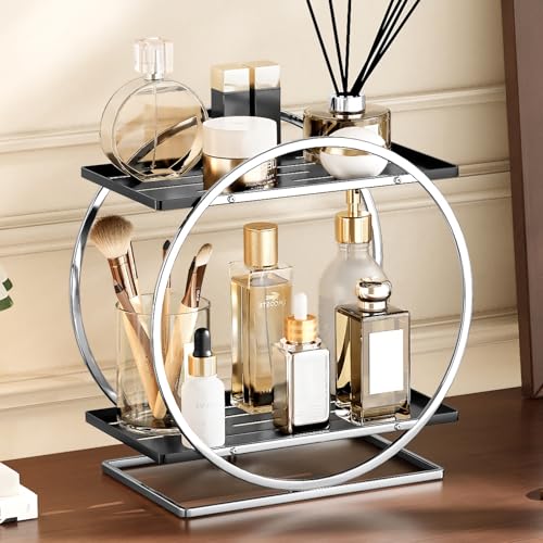 2-Tier Bathroom Organizer Countertop, Silver Black Perfume Organizer for Dresser, Multi-Purpose Makeup Organizer, Large Cosmetic Skincare Organizers, Exquisite Vanity Storage, Ideal for Gift - color: Silver Black