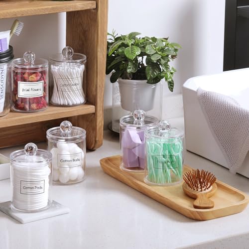 AOZITA 6 Pack Acrylic Qtip Holder Dispenser for Cotton,Swab, Ball, Round Pads, Floss Picks - Clear Plastic Apothecary Jar Set, Bathroom Canister Storage Organization, Vanity Makeup Organizer - color: Clear, size: 6 Pack